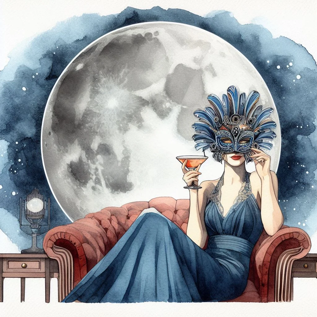 Woman in cocktail dress drinking a cocktail with Luna moon on the background